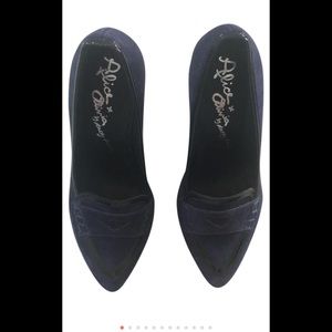 Alice + Olivia navy blue suede wedge Penny loafer